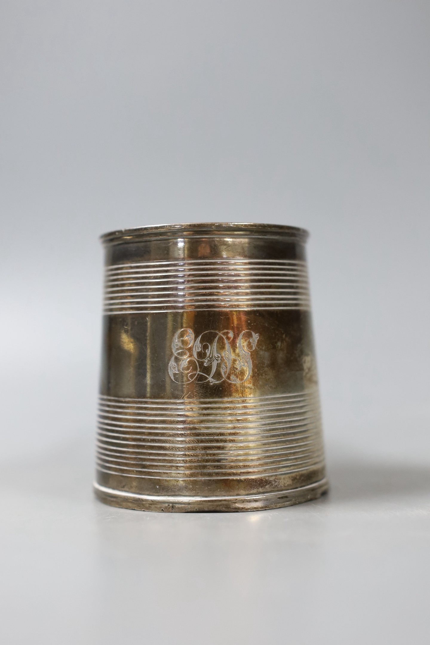 A George IV silver mug, with reeded bands and later? engraved initials, Robert Peppin, London, 1823, 83mm, 6.5oz.